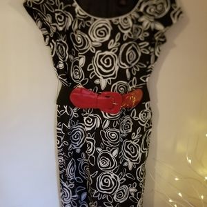 Black and white dress with red belt